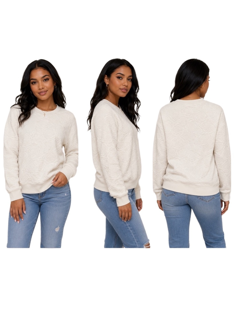 FOREVER 21 QUILTED JACQUARD PRINT SWEATSHIRT - CREAM SIZE XL (NEW WITH TAGS) A19